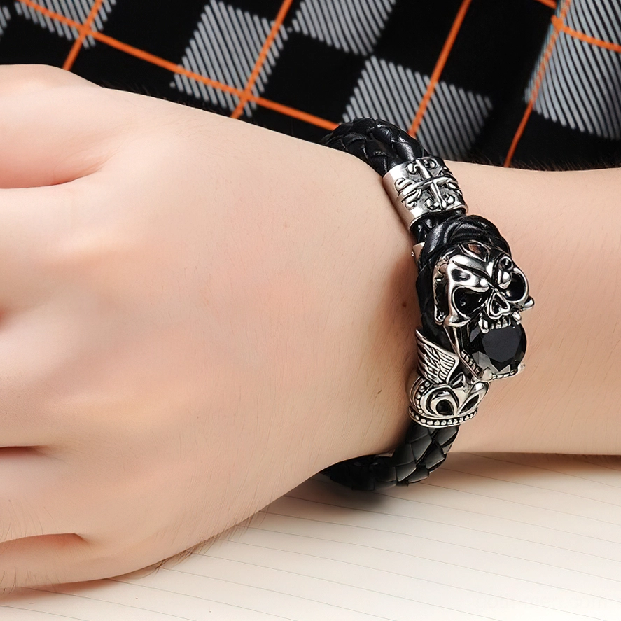 Gothic skull leather bracelet worn on male wrist, showing real-life wear styling and comfort fit demonstration