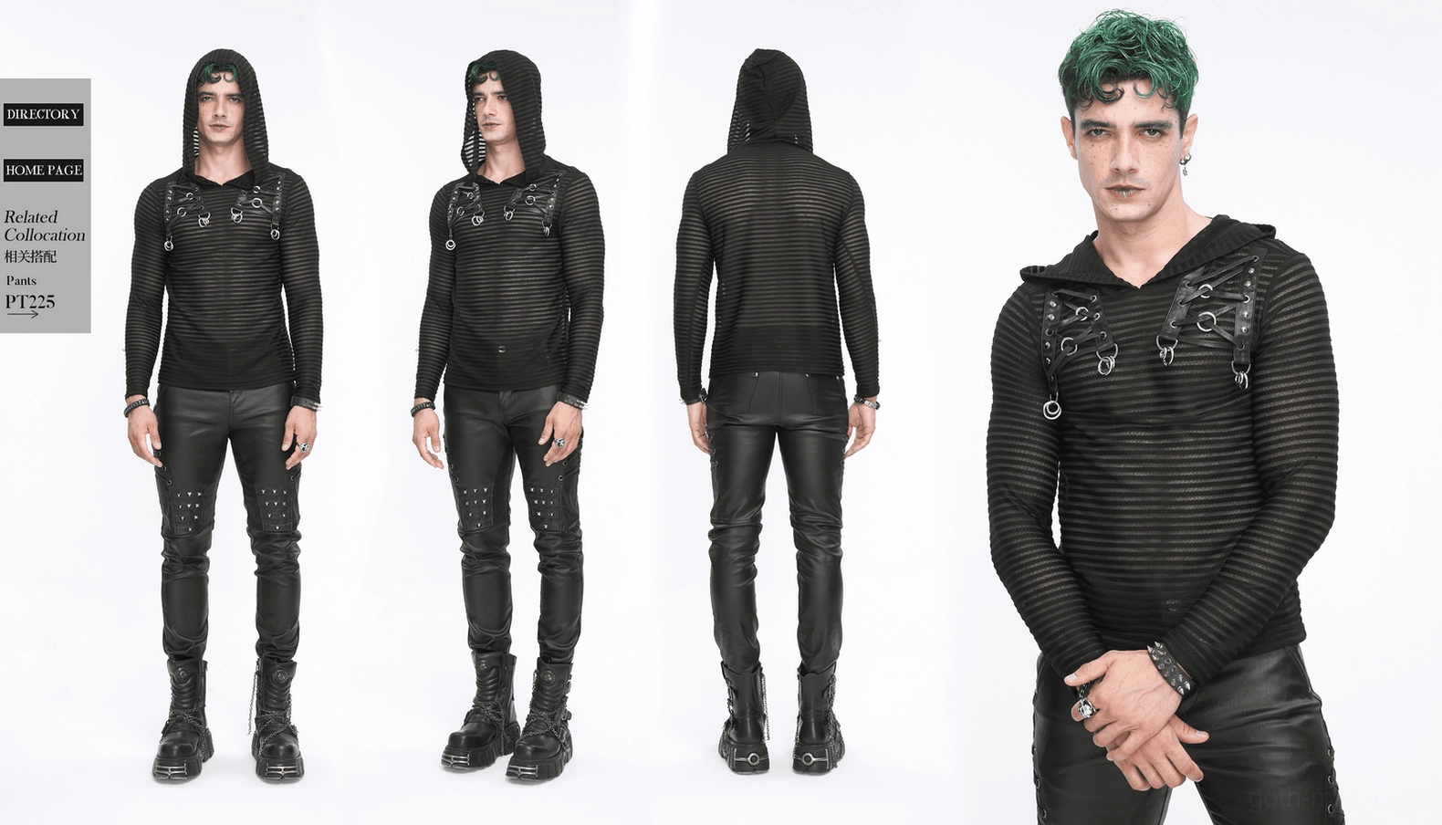Men's gothic striped hoodie styled with alternative fashion accessories and dark aesthetic