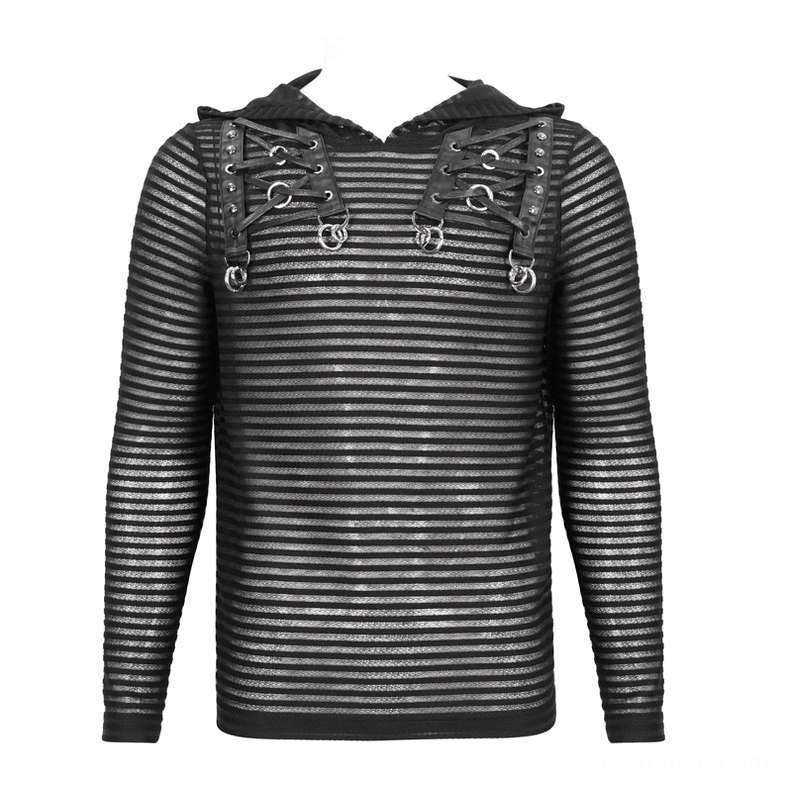 Men's gothic striped hoodie front full view on display mannequin with lace-up chest harness