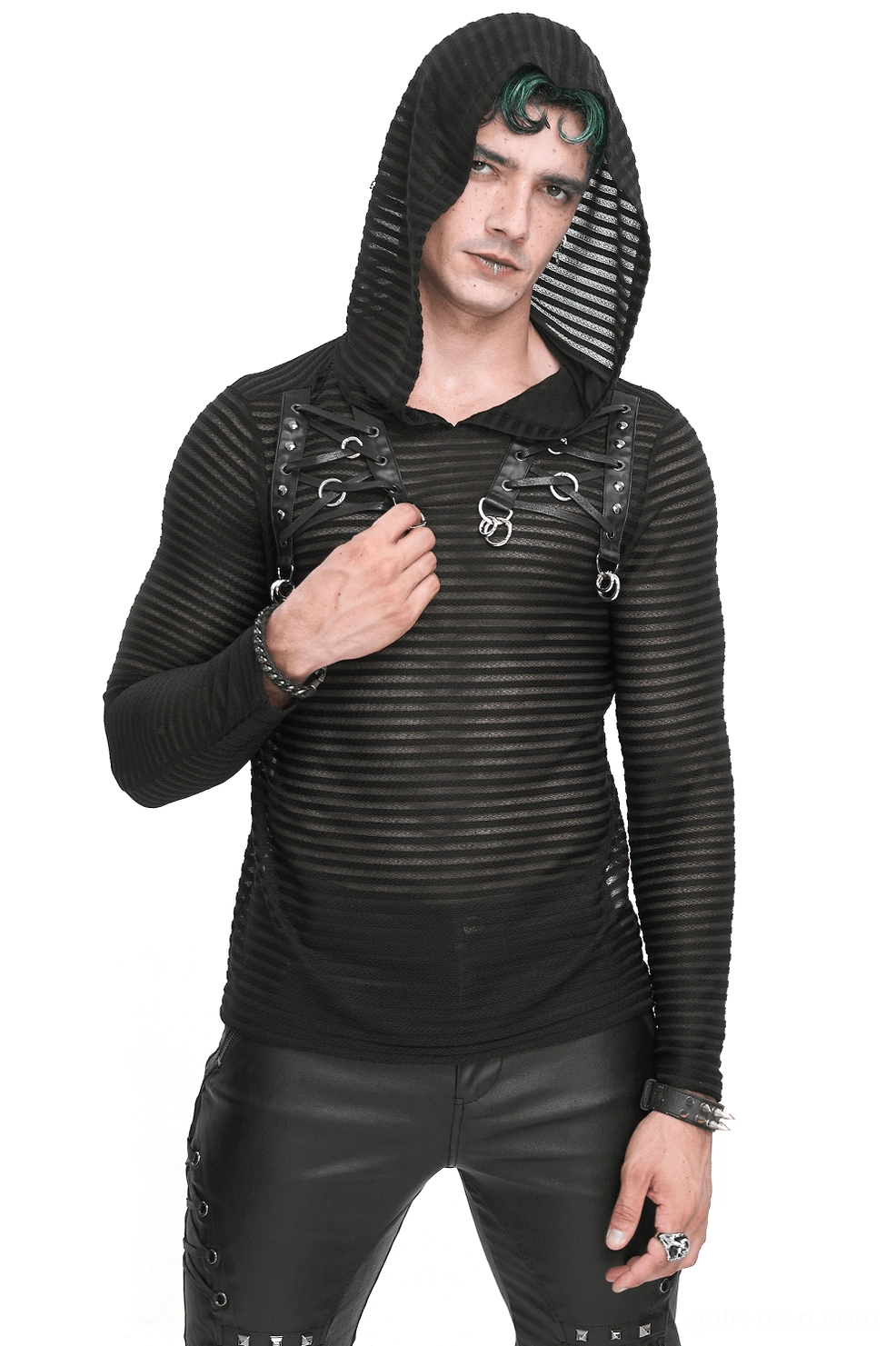 Men's gothic striped hoodie with chest lace-up harness and cowl neck, front three-quarter view on male model