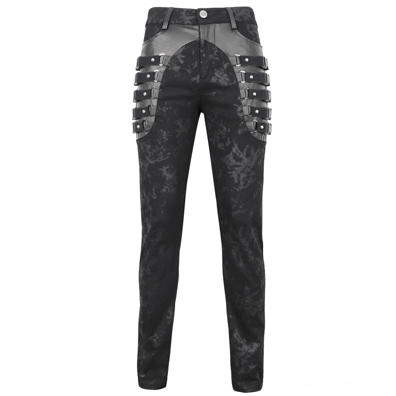 Flat lay front view of men's black gothic buckled strap pants featuring dark marble printed fabric and leather accents