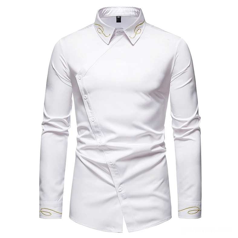 Men's gothic asymmetric shirt in white with embroidered collar and minimalist design