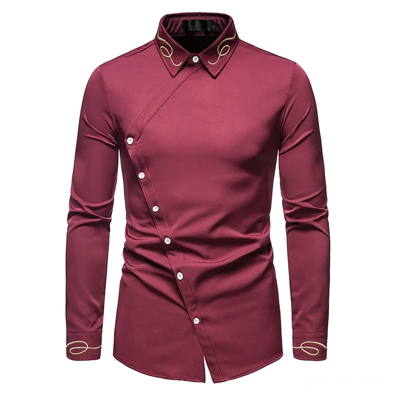 Men's gothic shirt in wine red with gold embroidered collar and asymmetric button detail