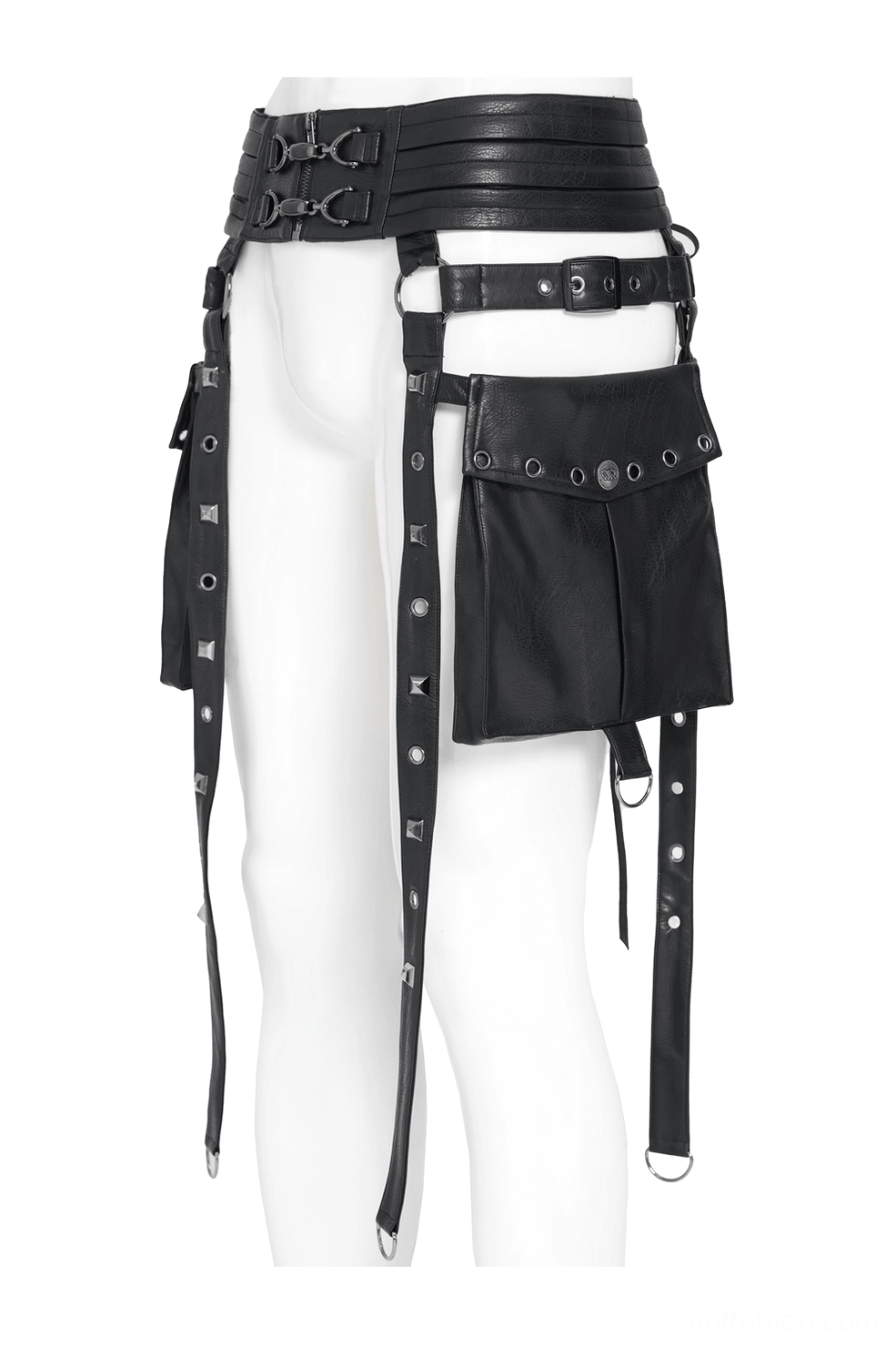 Black gothic harness with large side cargo pouch on white mannequin, side profile showing utility pocket detail and strap attachment points