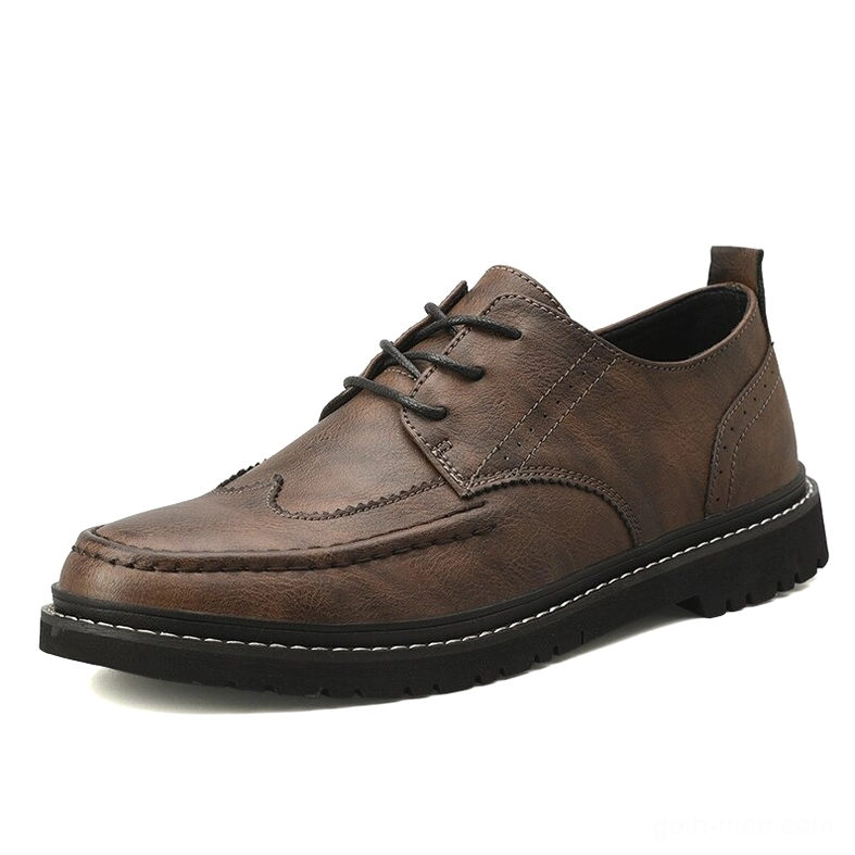 Khaki gothic men's leather lace-up derby shoes with dark brogue toe cap and thick non-slip outsole