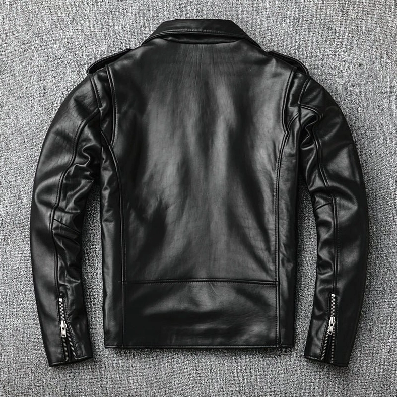 Men's black leather biker jacket back construction solid leather finish clean seams