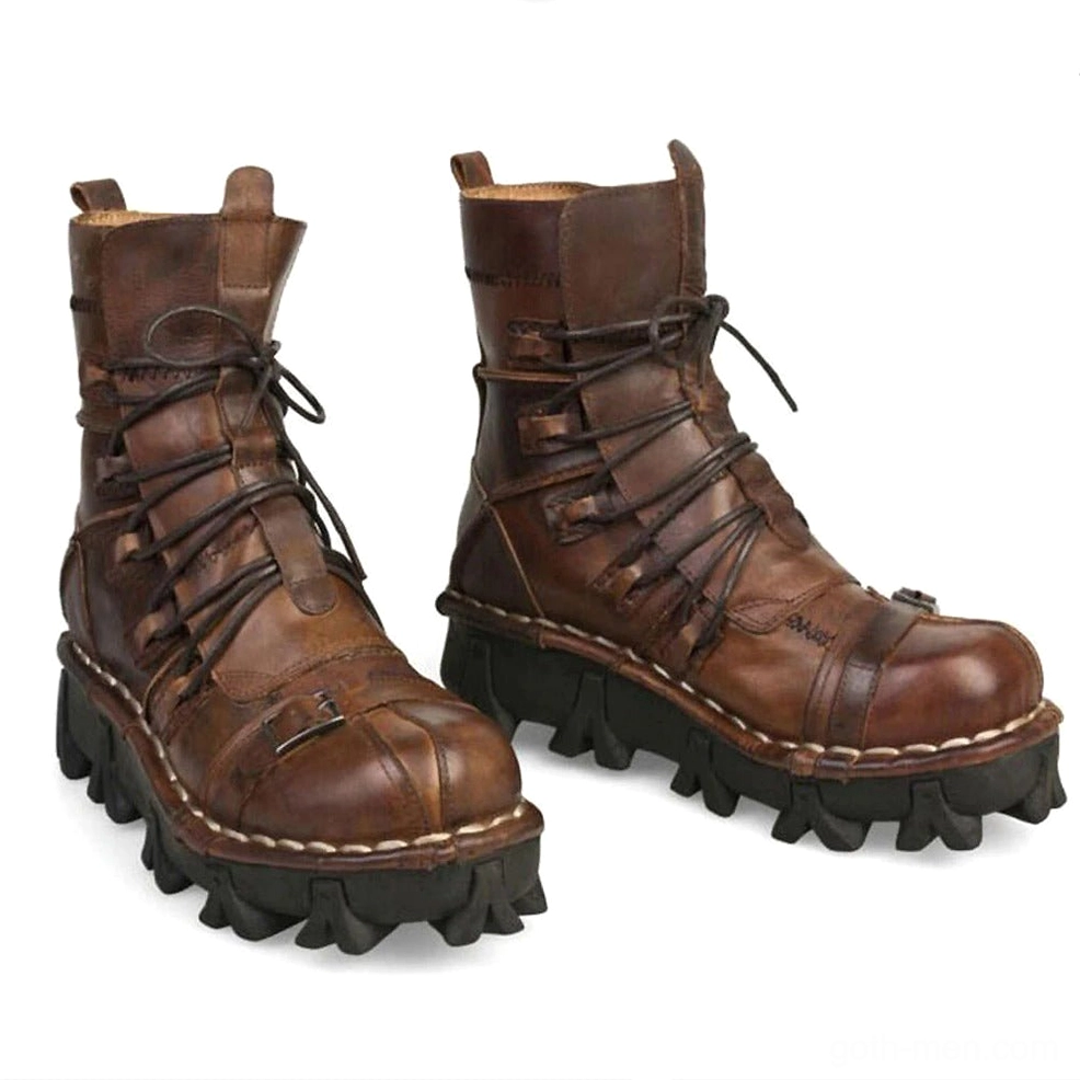 Dark brown leather gothic combat boots with front metal buckle accent, heavy lug sole tread, and matte leather upper for commanding industrial goth style