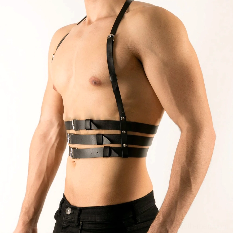 Right side profile of adjustable leather body harness showing triple waist strap system and industrial riveted design