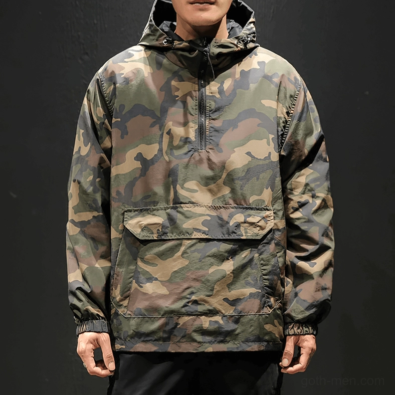 Man modeling oversized camo gothic pullover hoodie front straight view with large patch pocket