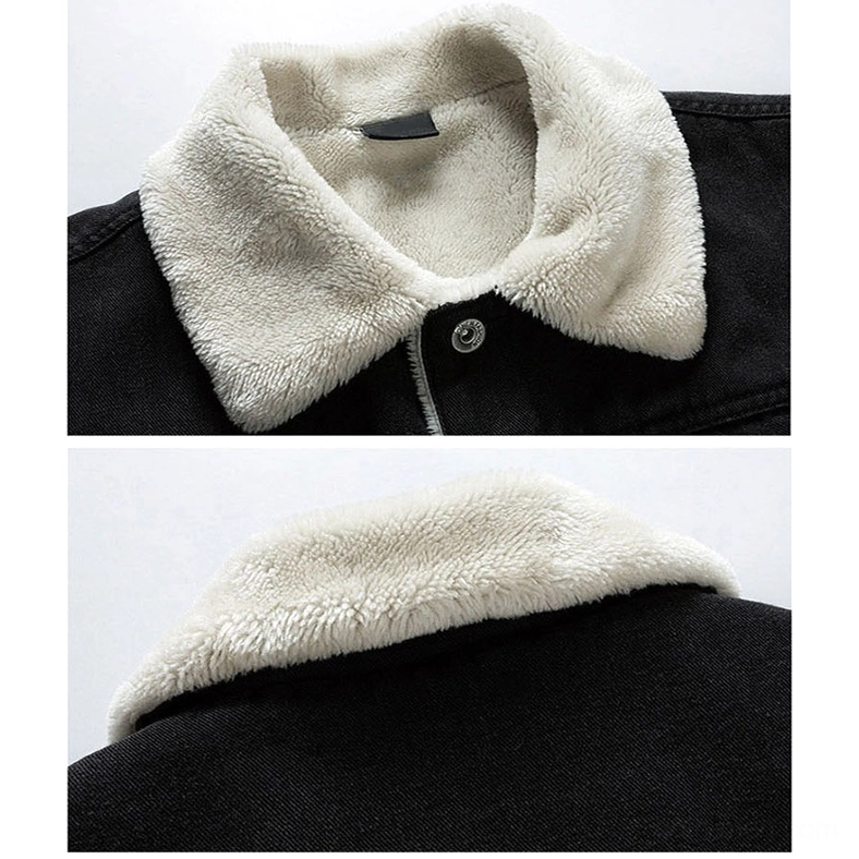 Men's denim sherpa jacket collar detail close-up showing fluffy off-white sherpa fleece lining and black denim outer