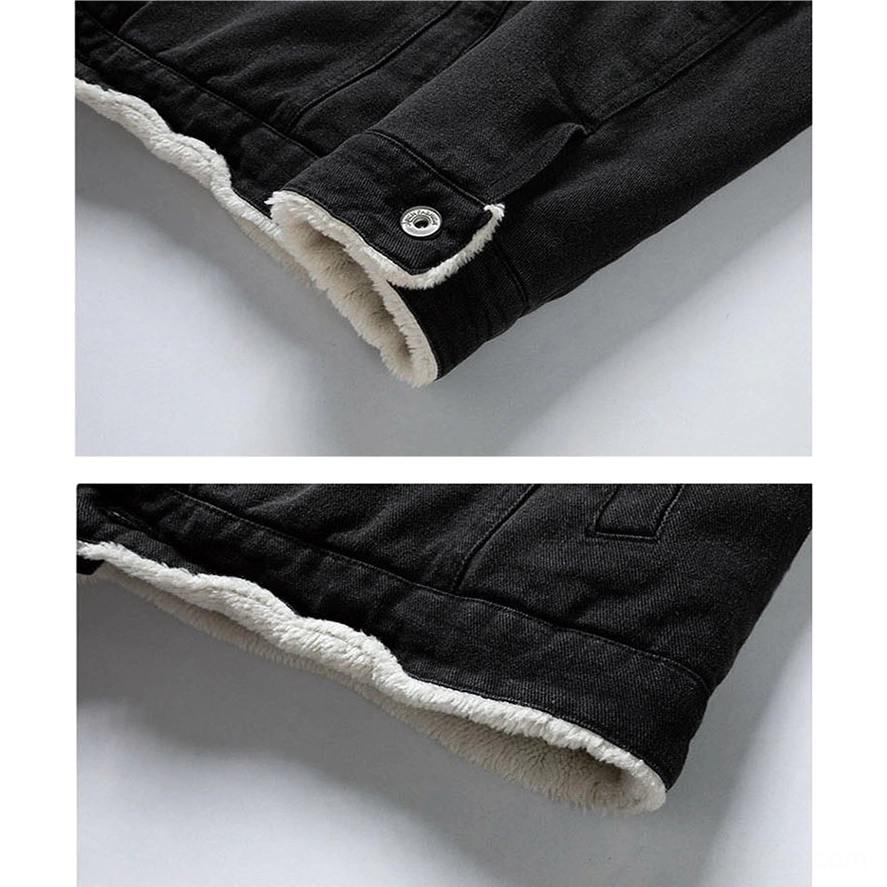 Men's denim sherpa jacket cuff detail close-up showing black denim off-white fleece trim and adjustable snap closure