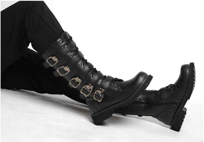Black skull buckle mid-calf gothic combat boots for men with industrial aesthetic and metal hardware