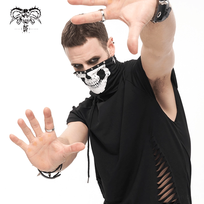Full front view of men's skull turtleneck gothic hoodie in black with raglan sleeves