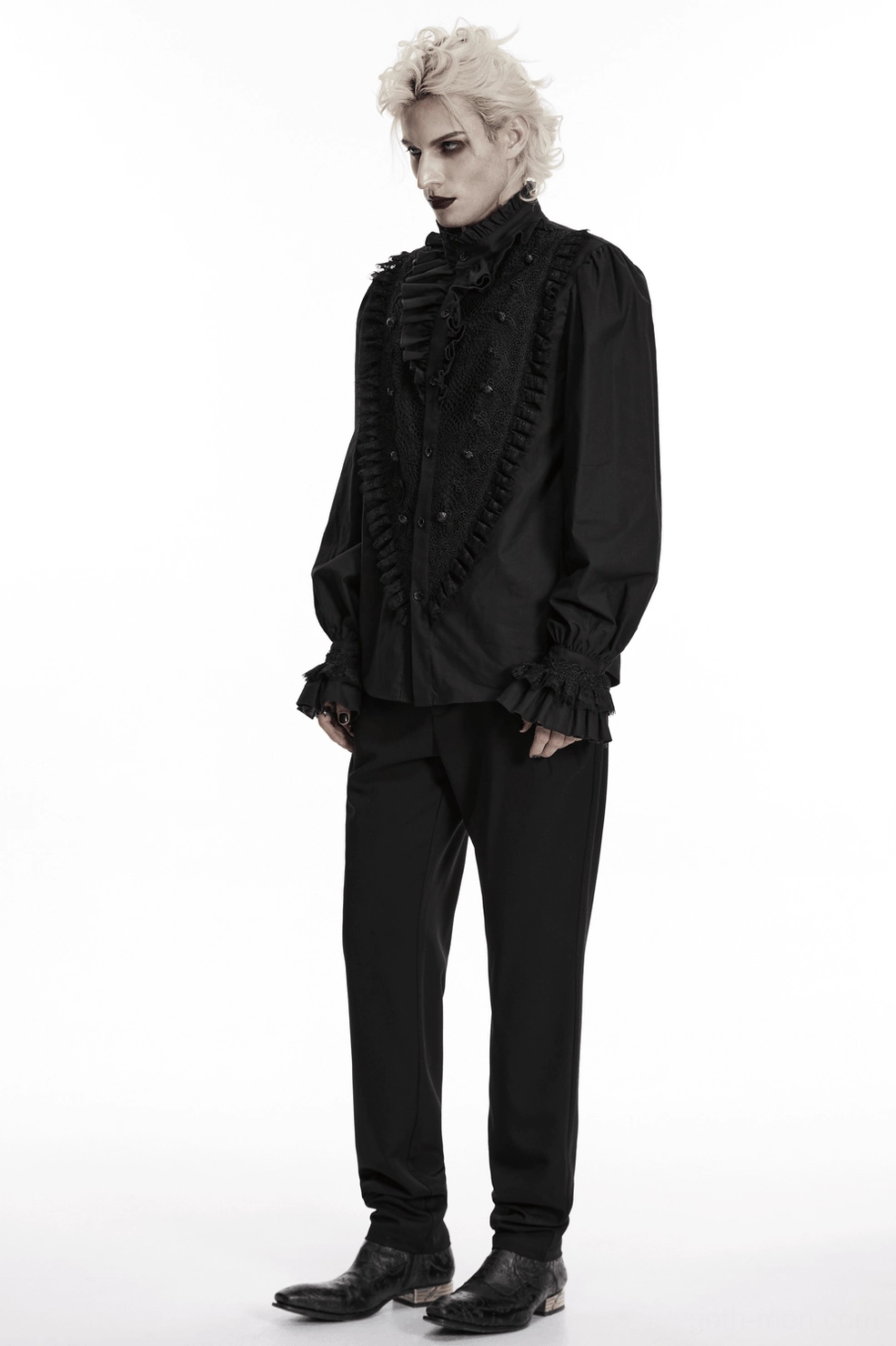 Victorian gothic men's ruffle lace shirt close-up - dramatic lace details, ruffled trim, and ornate button embellishments