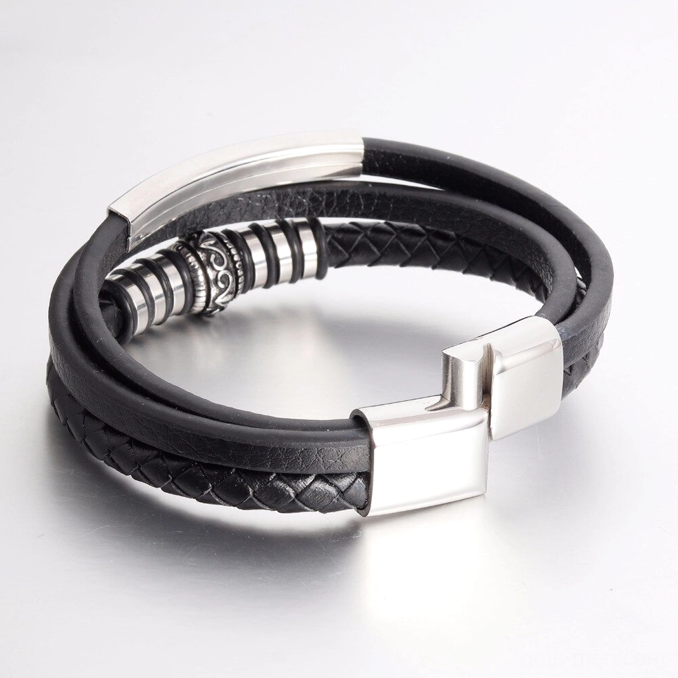 Men's layered black leather bracelet with silver magnetic clasp - top down flat lay