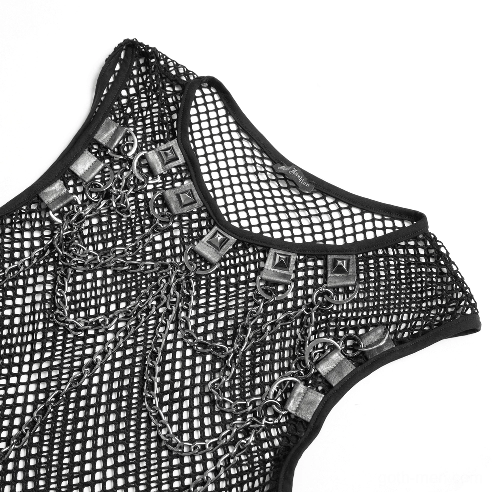 Close-up detail shot of metal chain hardware and studded leather accents on black mesh tank top