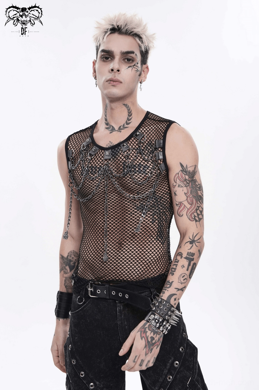 Black mesh sleeveless tank top showing transparent fabric quality and metal hardware integration