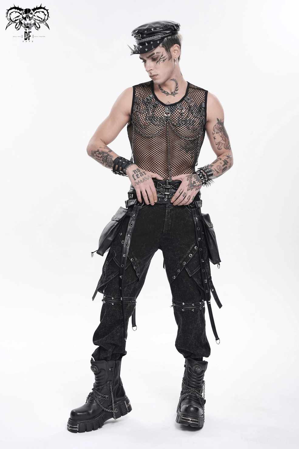 Mesh tank top worn style view showing transparency and how to layer with chain harness