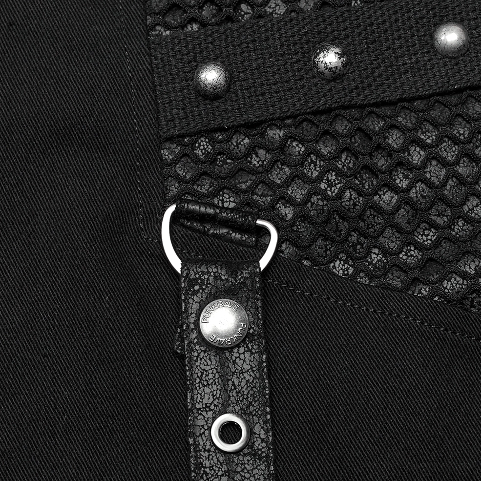 Close-up perspective of metal D-rings, round rivets, and crackled faux leather strap details