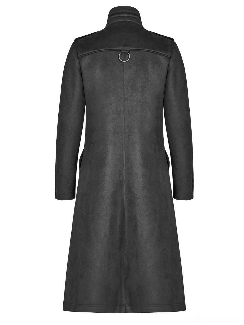 Gothic military long coat rear flat lay view showing back D-ring suede-like velvet fabric texture