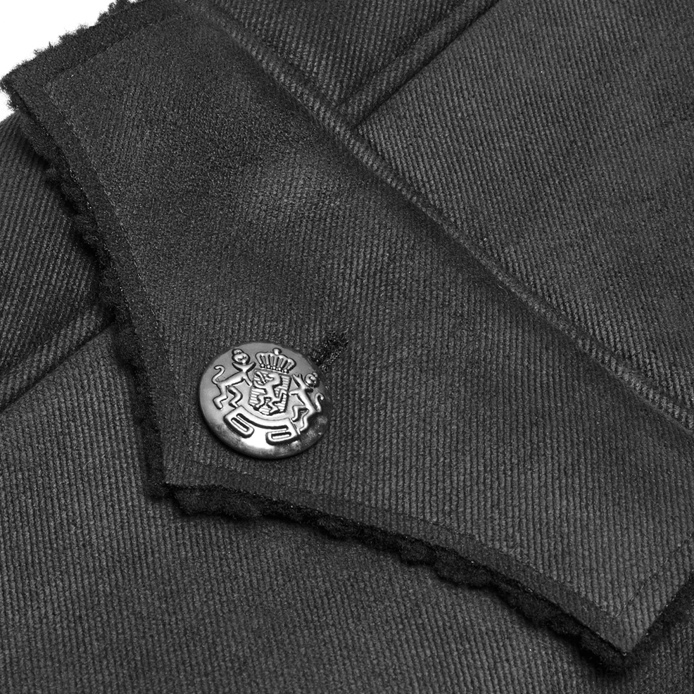 Close-up of military gothic coat embossed metal button and frayed fabric edge trim