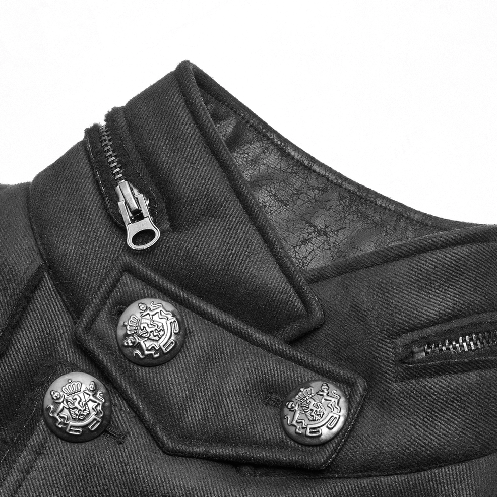 Close-up of gothic military coat collar hardware embossed metal buttons side zipper velvet lining