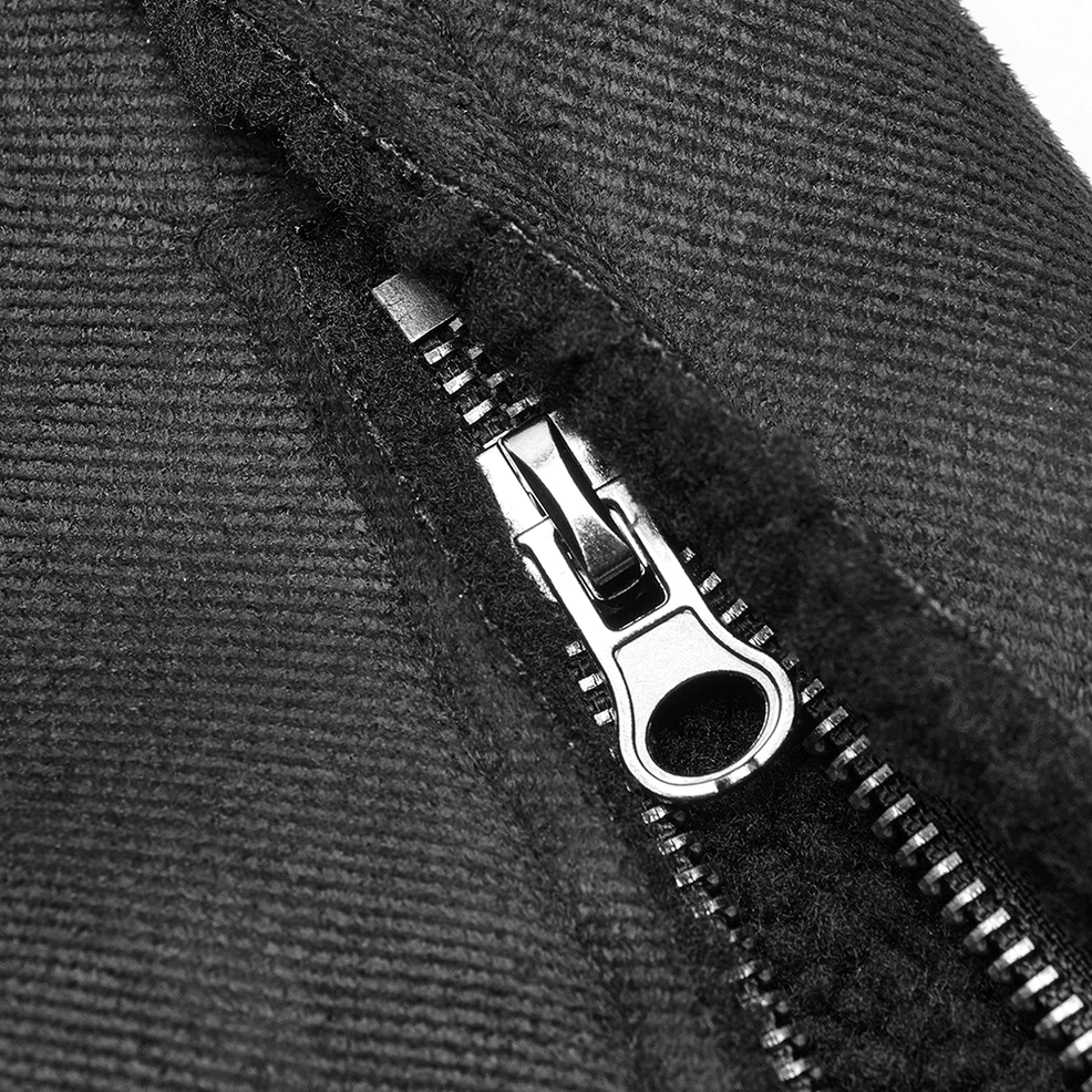 Black velvet military gothic long coat showing complete double-breasted uniform design