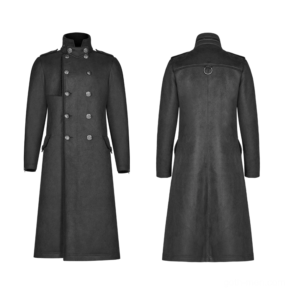 Black military gothic coat flat lay front showing double-breasted metal buttons shoulder epaulets side pockets