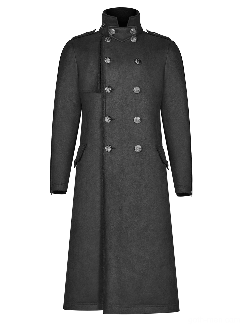 Gothic military coat front offset angle showing high stand collar tailored double-breasted design