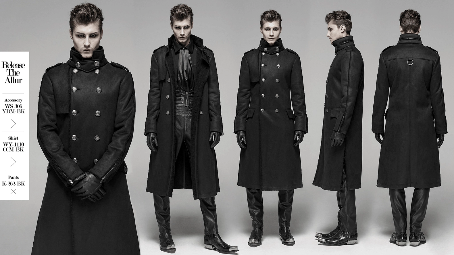 Black velvet military-inspired gothic long coat hero shot showcasing premium fabric and craftsmanship