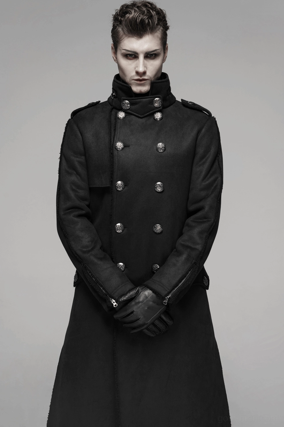 Gothic military coat side view highlighting tailored fit and extended length silhouette