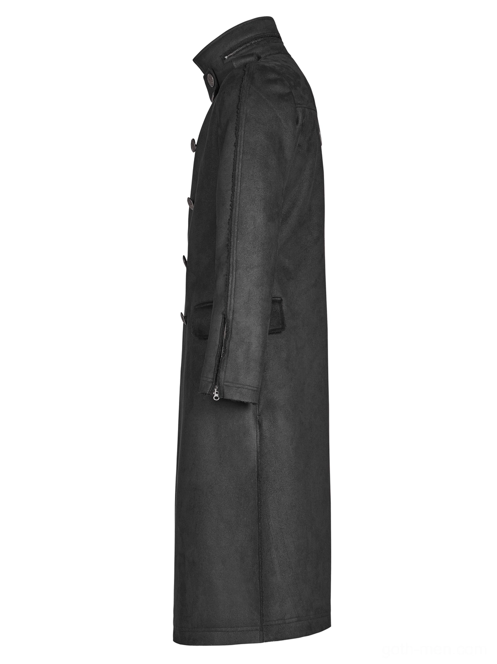Military gothic coat side profile view showing hidden side zipper and tailored sleeve fit