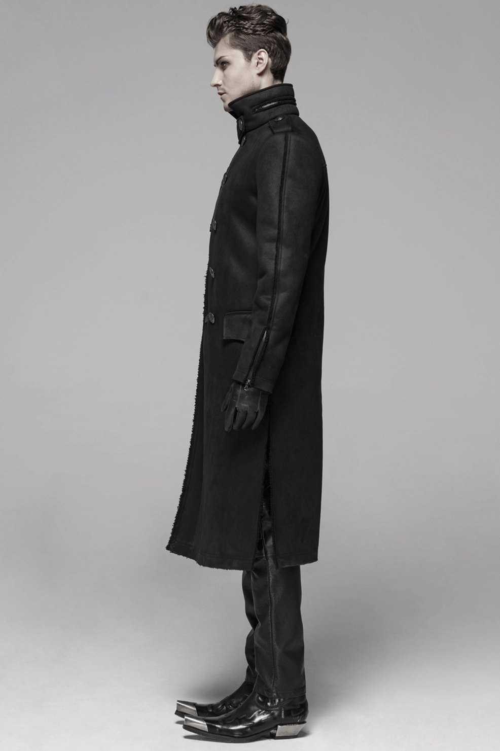 Military gothic coat three-quarter view demonstrating double-breasted button system and structure
