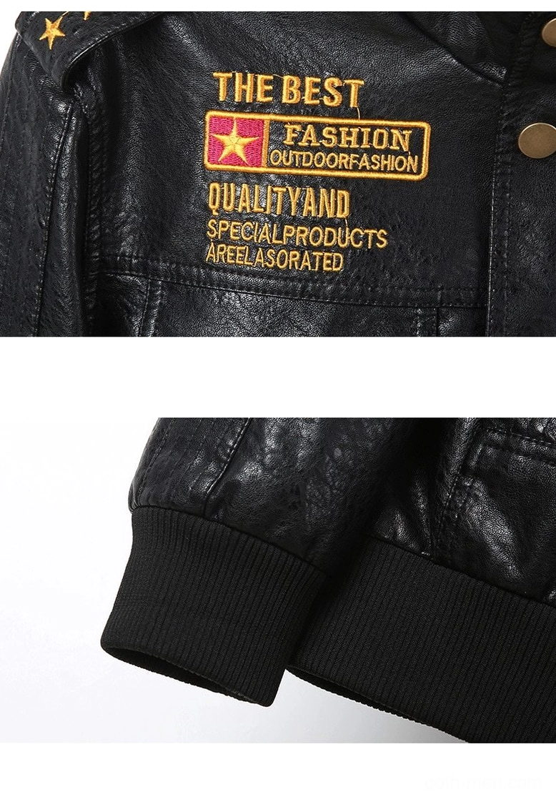 Golden embroidered patch detail with star badge on gothic military jacket