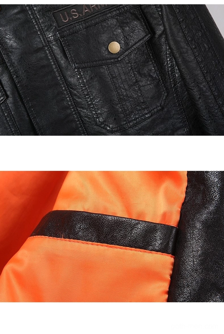 Gold-toned zipper detail on black PU leather military bomber jacket
