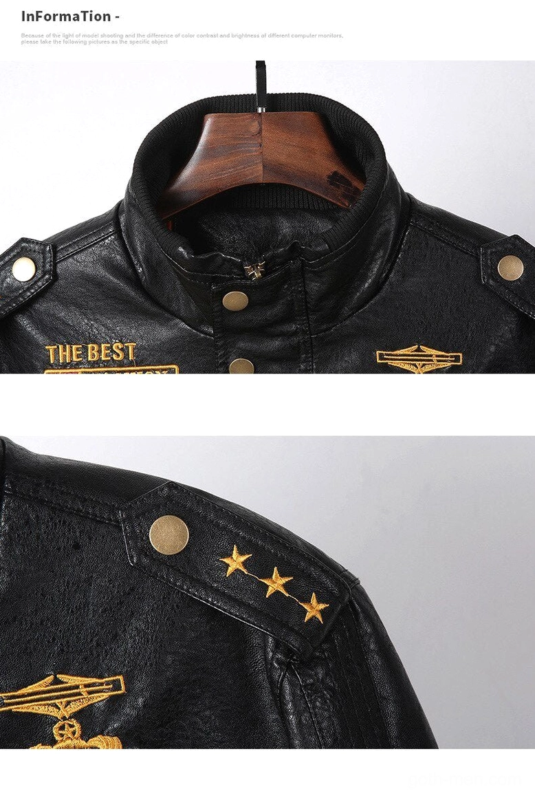 Stand collar detail on hanger showing small embroidered badges gothic aesthetic