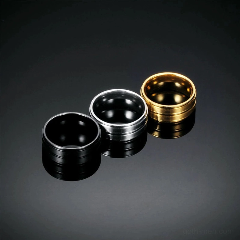 Minimalist gothic double-groove band ring collection showcasing industrial alternative aesthetic design