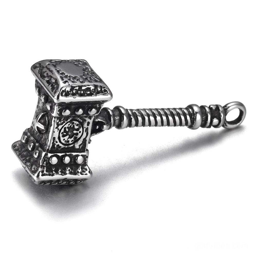 Mjolnir Thor's hammer gothic amulet - front right oblique angle displaying antique silver tone with studded decorative edges on hammer head
