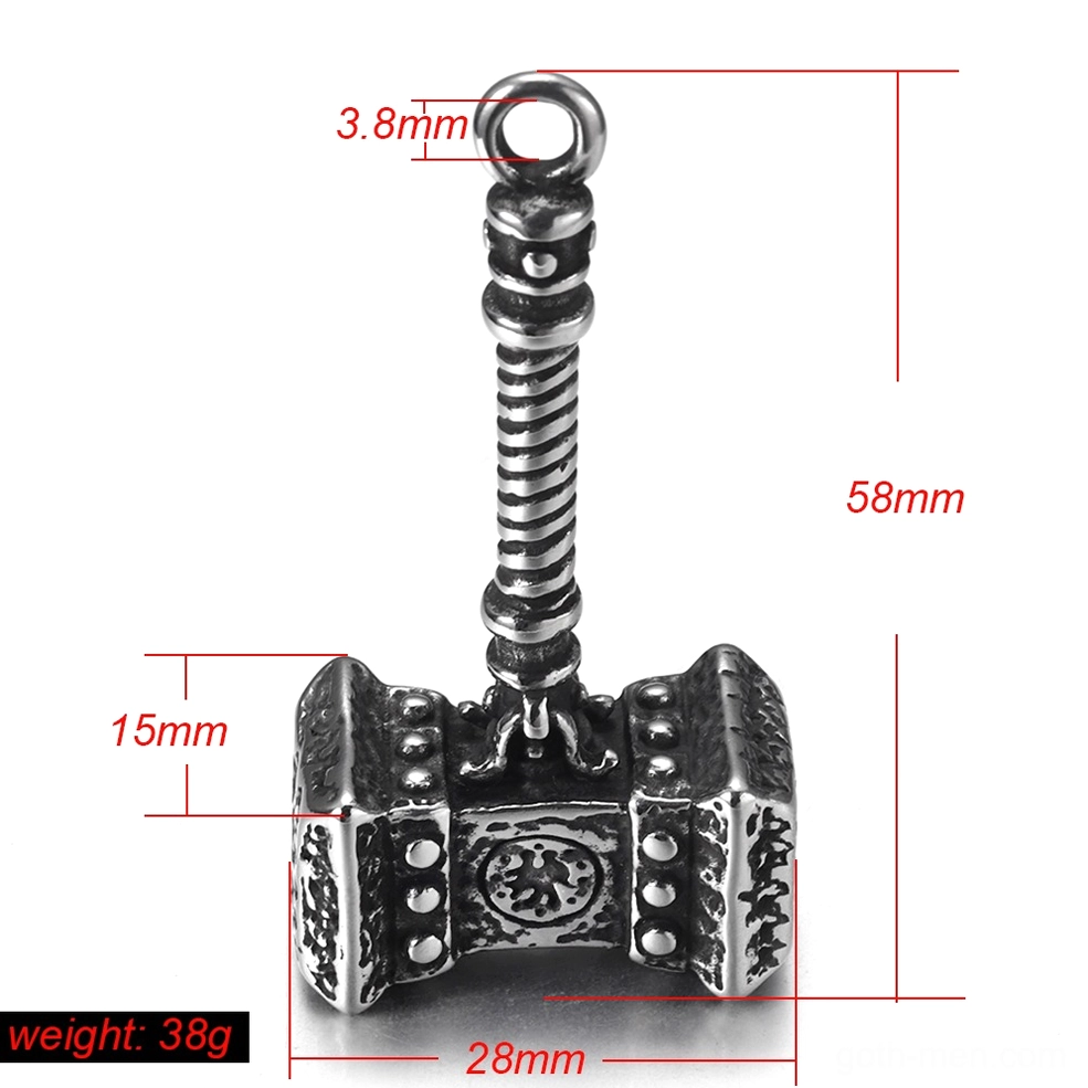 Mjolnir Norse pendant - vertical front view with size measurement marks, weight 38g, total length 58mm