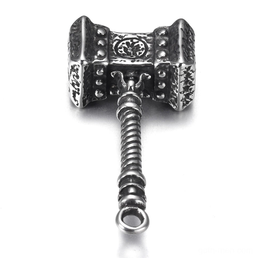 Mjolnir Viking amulet pendant - top-down front view showing full hammer head design in vintage finished stainless steel