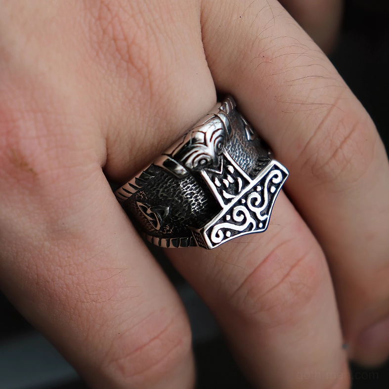 Mjolnir Celtic trinity knot stainless steel ring full band view - complete design perspective showing Norse symbolism