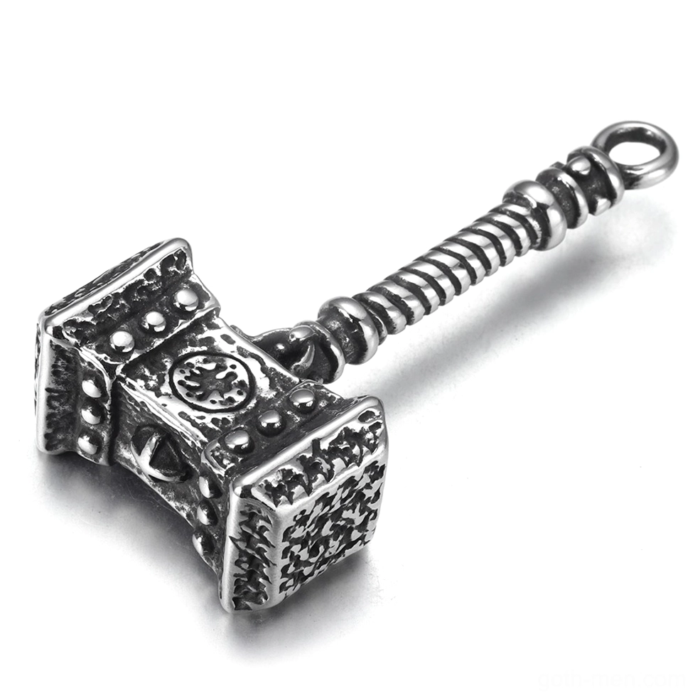 Mjolnir Viking hammer pendant - left oblique side view showcasing twisted handle and embossed Norse patterns in vintage stainless steel