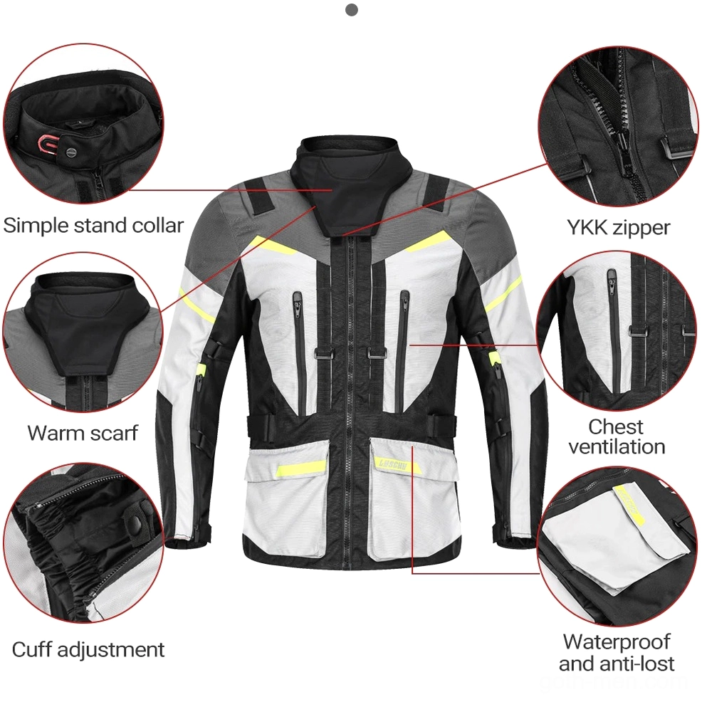 Motorcycle suit technical details close-up YKK zipper chest ventilation waterproof pockets