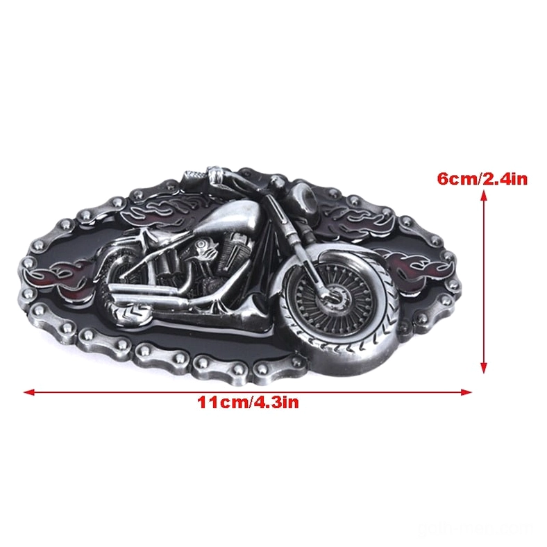Top-down flat lay of embossed motorcycle flame belt buckle with size dimension markers showing 11cm length and 6.1cm width