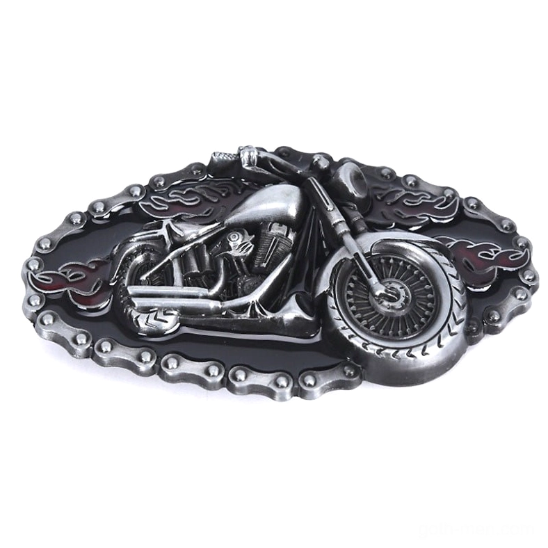 Left-side front view of motorcycle flame belt buckle, highlighting the embossed design language and metal finish consistency