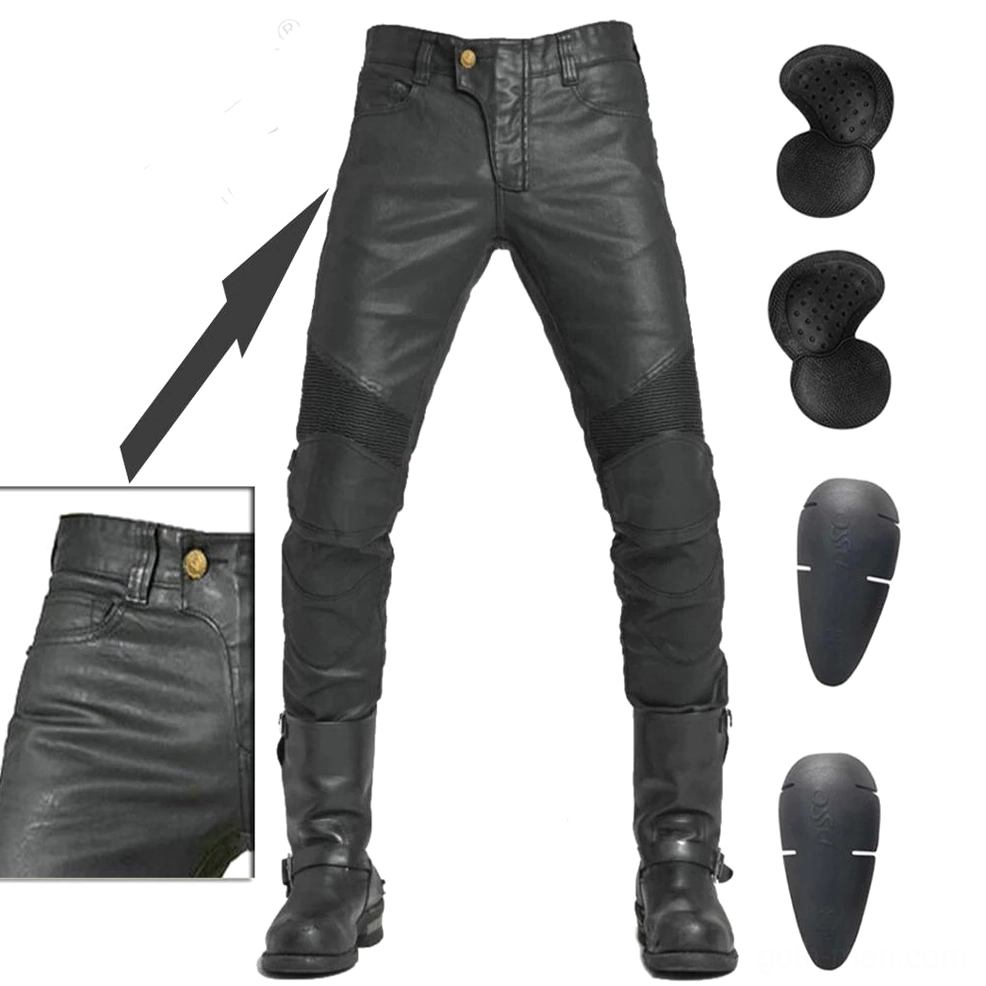 Black gothic motorcycle pants with protective gear inserts - knee and hip protective pads close-up, adjustable waist buckles