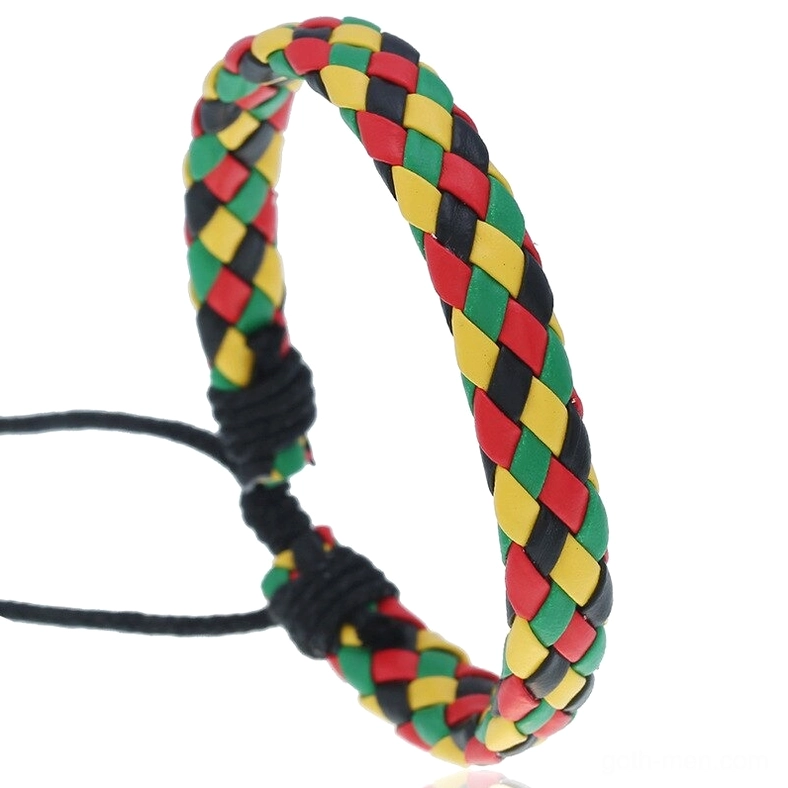 Multicolor rasta-style gothic braided leather bracelet with rhombus woven ethnic pattern
