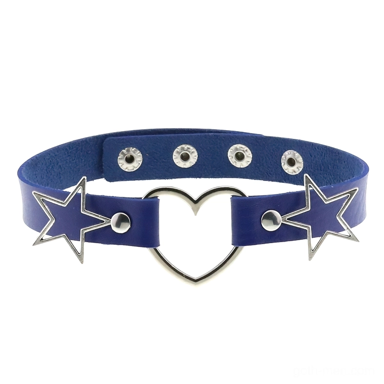 Navy blue gothic choker necklace flat lay display with silver hollow heart and star metal accents, adjustable snap closure for alternative fashion
