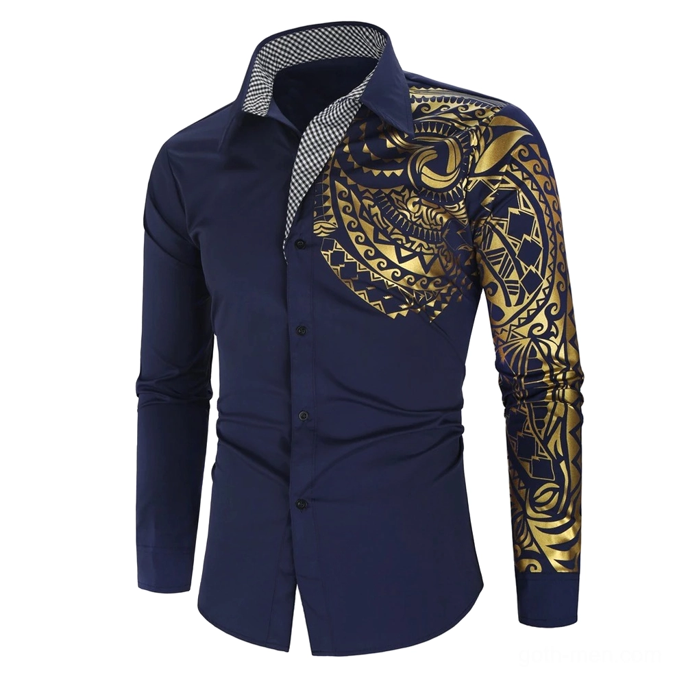 Navy blue gothic men's shirt with gold tribal print front view long sleeve
