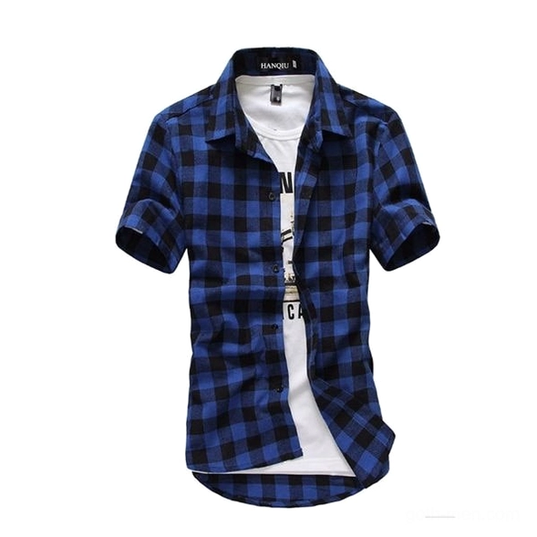 Dark blue and light blue gothic checkered shirt - men's short sleeve alternative fashion